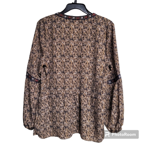 Alchemy Thread Tan And Blue Paisley Boho Babydoll Tassel Tie Peasant Blouse Top - Picture 3 of 10